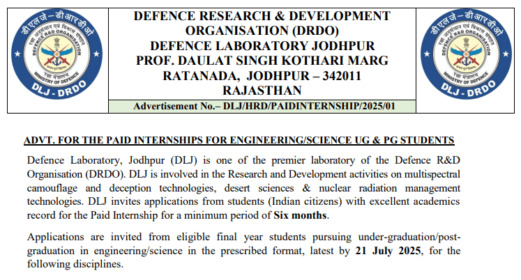 DLJ DRDO Paid Internship Offline Form 2025