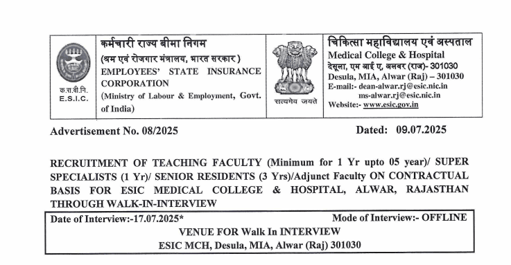 ESIC walk in interview June 2025 Details