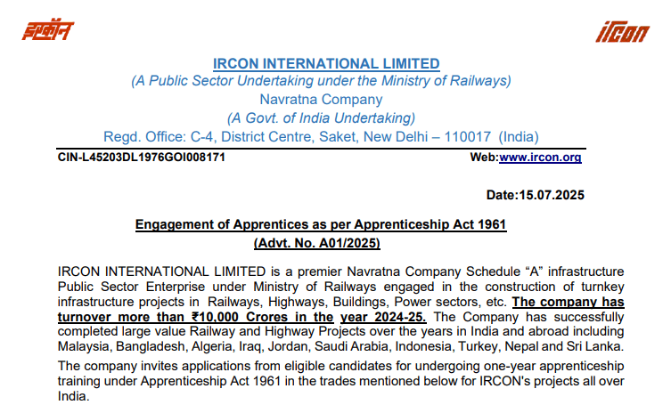IRCON Apprentices Recruitment 2025
