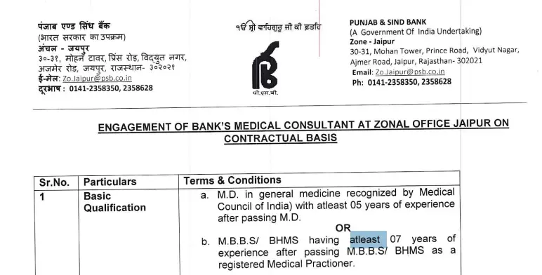 Punjab and Sind Bank Banks Medical Consultant Recruitment 2025