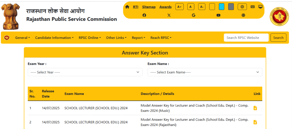RPSC Lecturer and Coach Answer Key 2025