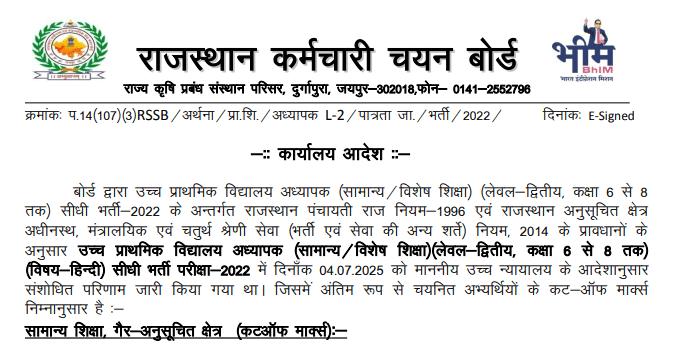 RSMSSB upper primary teacher cut off marks 2025 pdf