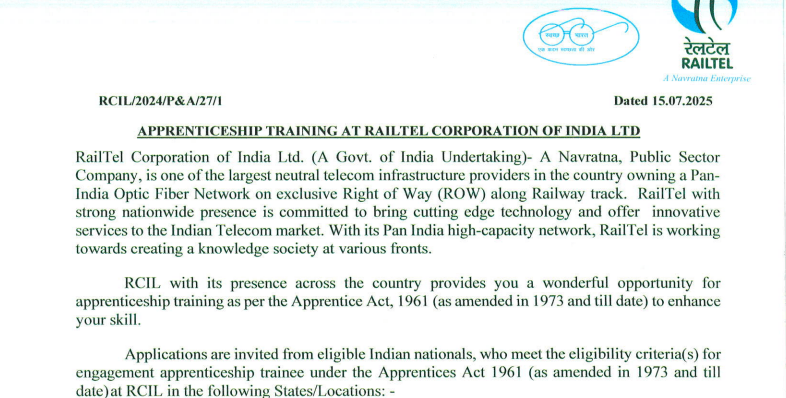 RailTel Apprentices Recruitment 2025