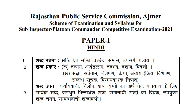 RPSC Sub Inspector SI Bharti Syllabus 2025 Download